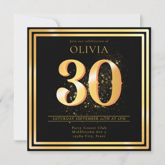 Elegant 30th Gold Black Birthday Invitation Kaart (Voorkant)