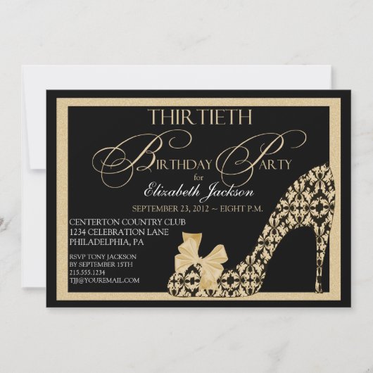 Elegant 30th Gold & Black Damask-schoen uitnodigin Kaart (Voorkant)