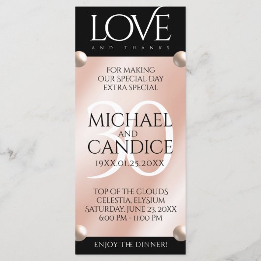 Elegant 30th Pearl Wedding Jubileum Celebration Menu (Achterkant)