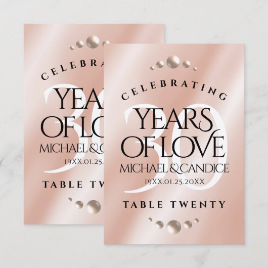 Elegant 30th Pearl Wedding Jubileum Table Kaart (Voorkant / Achterkant)