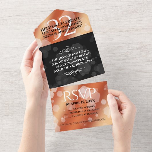 Elegant 32e Bronze Wedding Jubileum All In One Uitnodiging (Afscheurbaar)