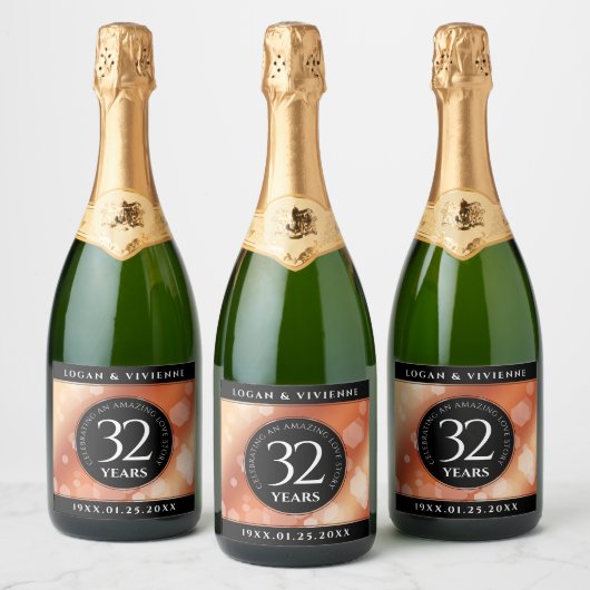 Elegant 32e Bronze Wedding Jubileum Sparkling Wijnetiket (Flessen)