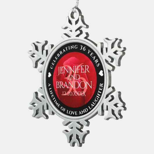 Elegant 36th Roos Wedding Jubileum Celebration Tin Sneeuwvlok Ornament (Rechts)