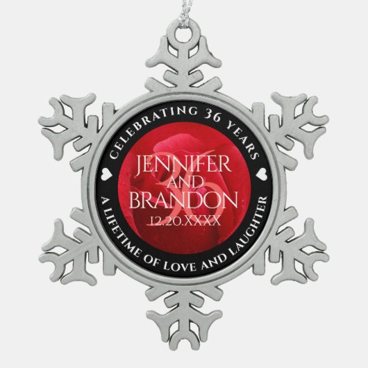 Elegant 36th Roos Wedding Jubileum Celebration Tin Sneeuwvlok Ornament (Voorkant)
