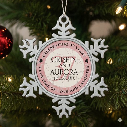 Elegant 37th Alabaster Wedding Jubileum Tin Sneeuwvlok Ornament
