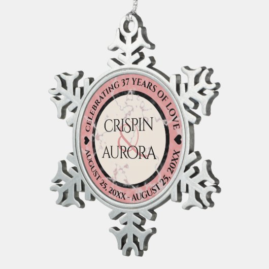 Elegant 37th Alabaster Wedding Jubileum Tin Sneeuwvlok Ornament (Rechts)