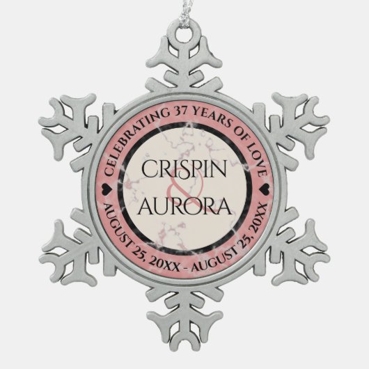 Elegant 37th Alabaster Wedding Jubileum Tin Sneeuwvlok Ornament (Voorkant)