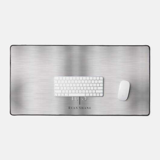 Elegant 3-D Monogram & Zwarte Naam, Geborsteld Zil Bureaumat (Keyboard & Muis)