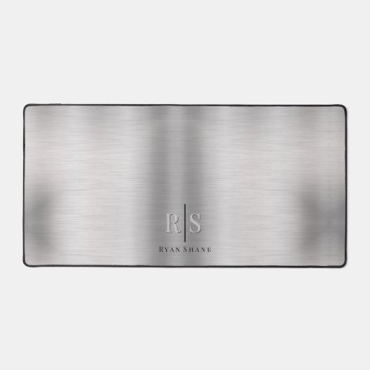 Elegant 3-D Monogram & Zwarte Naam, Geborsteld Zil Bureaumat (Voorkant)