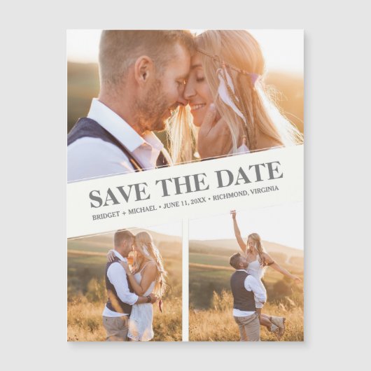Elegant 3 foto bruiloft Bewaar de datum (Voorkant)