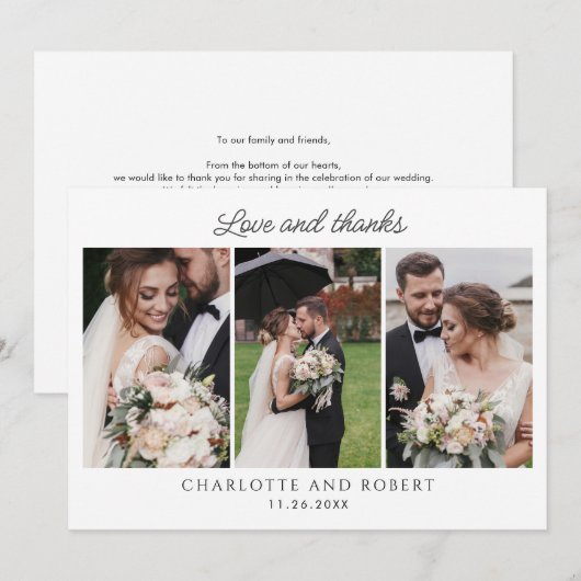 Elegant 3 Foto bruiloft Hartelijk dank Notitiekaartje (Voorkant / Achterkant)