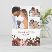 Elegant 3 Foto Burgundy Gold Blush Pink Floral Save The Date (Staand voorkant)