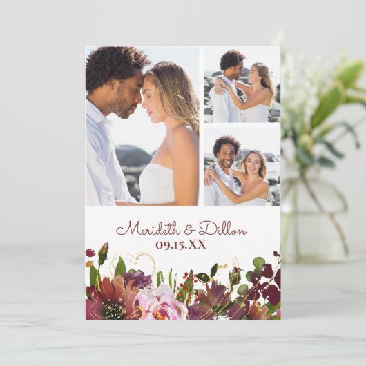 Elegant 3 Foto Burgundy Gold Blush Pink Floral Save The Date (Staand voorkant)