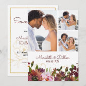 Elegant 3 Foto Burgundy Gold Blush Pink Floral Save The Date (Voorkant / Achterkant)
