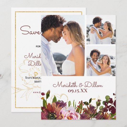 Elegant 3 Foto Burgundy Gold Blush Pink Floral Save The Date (Voorkant / Achterkant)