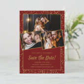 Elegant 3 Foto Burgundy Red Gold Save The Date (Staand voorkant)