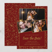 Elegant 3 Foto Burgundy Red Gold Save The Date (Voorkant / Achterkant)