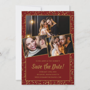 Elegant 3 Foto Burgundy Red Gold Save The Date
