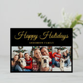 Elegant 3 foto collage Christmas Gold Folie Feestdagenkaart (Staand Voorkant)