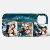 Elegant 3 foto collage namen Blauwgroen gouden aga Case-Mate iPhone Case (Achterkant (horizontaal))