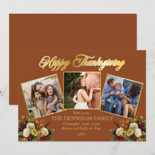 Elegant 3 Foto familie Floral Happy Thanksgiving Feestdagenkaart