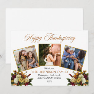 Elegant 3 Foto familie Floral Happy Thanksgiving Feestdagenkaart