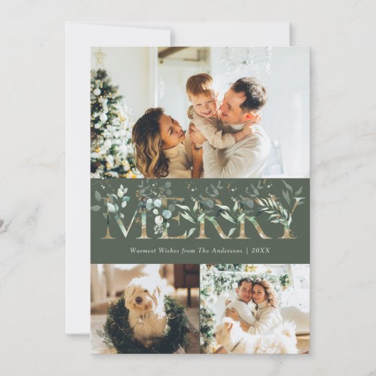 Elegant 3 foto Goud & groen Vrolijk Kerstfeest Feestdagenkaart (Voorkant)