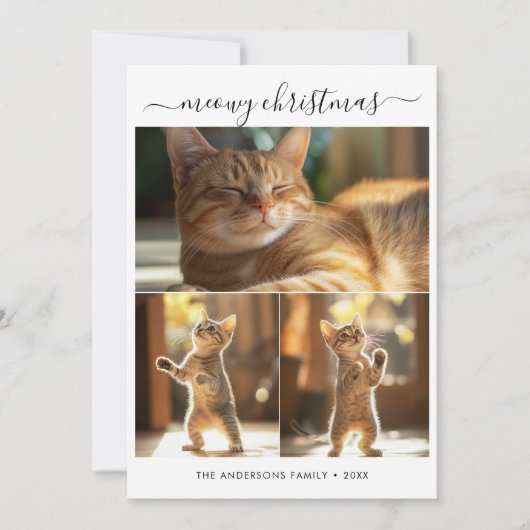 Elegant 3 Foto Meowy Kerst Schattige Funny Cat Feestdagenkaart (Voorkant)