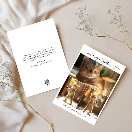 Elegant 3 Foto Meowy Kerst Schattige Funny Cat Feestdagenkaart