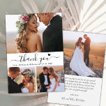 Elegant 3 Fotocollage Calligrafie Script Bruiloft Bedankkaart<br><div class="desc">Minimalistische moderne elegante script 3 foto collage bruiloft dank u kaart. Stijlvolle bruiloft dank u kaart sjabloon met 3 (drie) foto op de voorkant en een (1) foto op de achterkant. Met de tekst "Thank You" in een wervelende hand belettering typografie script lettertype met swash staart en weinig liefde hart...</div>