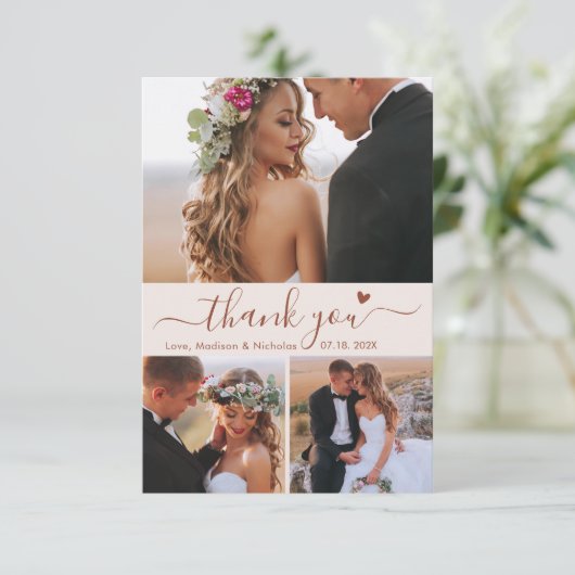 Elegant 3 Fotocollage Terracotta Script Bruiloft Bedankkaart (Staand voorkant)