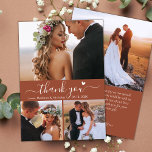Elegant 3 Fotocollage Terracotta Script Bruiloft Bedankkaart<br><div class="desc">Minimalistische moderne Boho Elegant Script 3 Foto Collage Terracotta Bruiloft Dank u Kaart. Stijlvolle bruiloft dank u kaart sjabloon met 3 (drie) foto op de voorkant en een (1) foto op de achterkant. Met de tekst "Thank You" in een wervelende hand belettering typografie script lettertype met swash staart en weinig...</div>