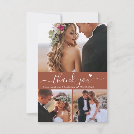 Elegant 3 Fotocollage Terracotta Script Bruiloft Bedankkaart (Voorkant)
