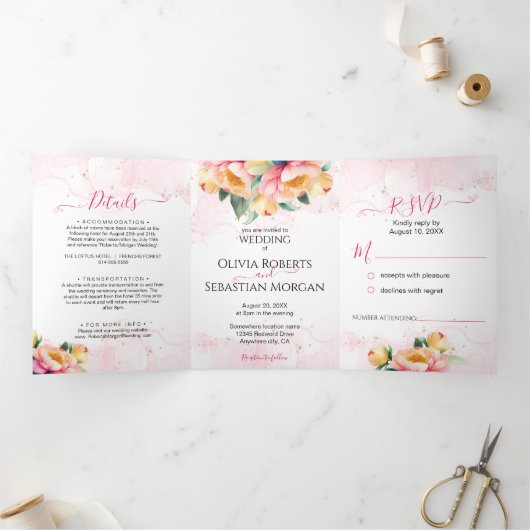 Elegant 3 in 1 pioen Waterverf bruiloft Drieluik Uitnodiging (Binnen)