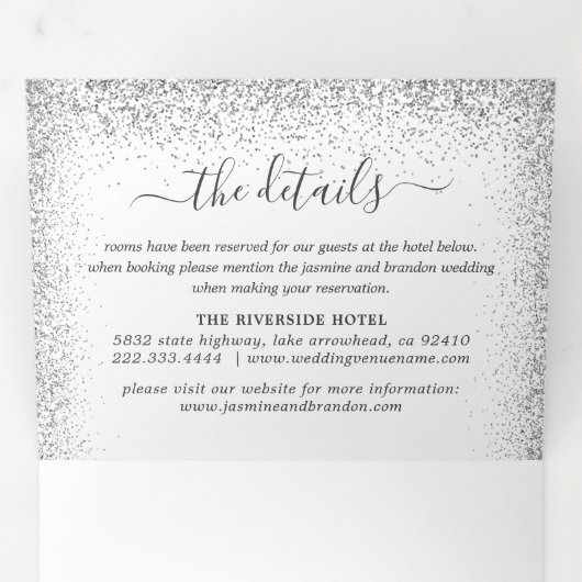 Elegant 3 in 1 zilveren glitter Wedding Drieluik Uitnodiging (Binnenzijde eerst)