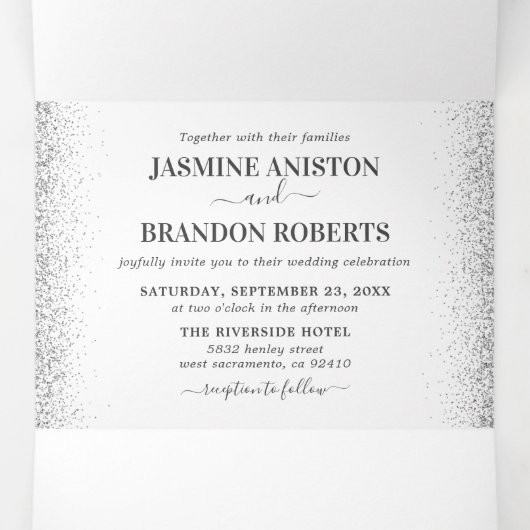 Elegant 3 in 1 zilveren glitter Wedding Drieluik Uitnodiging (Binnenkant midden)
