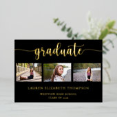 Elegant 3 Photo Afstuderen Black Gold Folie Uitnodiging (Staand Voorkant)