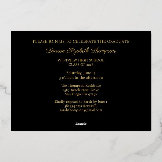 Elegant 3 Photo Afstuderen Black Gold Folie Uitnodiging (Achterkant)