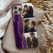 Elegant 3 Photo Collage Names Paars Gold Agate Case-Mate iPhone Case