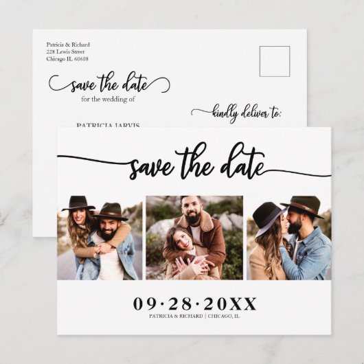 Elegant 3 Photo Collage Wedding Save the Date Briefkaart (Voorkant / Achterkant)