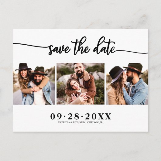 Elegant 3 Photo Collage Wedding Save the Date Briefkaart (Voorkant)