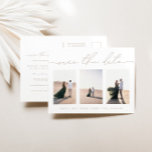 Elegant 3 Photo Wedding Save the Date Briefkaart<br><div class="desc">Het ontwerp is voorzien van een handgeschreven lettertype en een modern, minimalistisch ontwerp. Ontworpen om te coördineren met het "Natural Glam" Wedding Collectie. Klik op "Personaliseren" als je details wilt wijzigen. Om de tekst te verplaatsen of de grootte, de doopvont, of de kleur te veranderen, klik "klik om verder"het aan...</div>