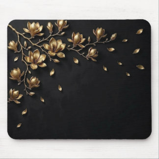 Elegant 3D Gold Flowers on Black Mouse Pad - Luxur Muismat