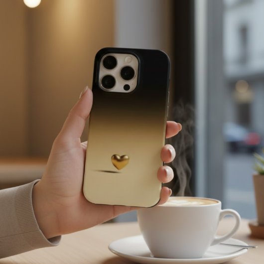 Elegant 3D Gold Heart Minimalist Black & Gold Grad iPhone Hoesje