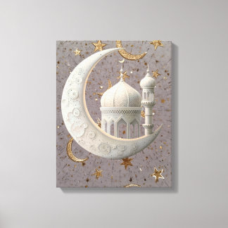 Elegant 3D Witte Halve Maan & Moskee Ramadan Desig Canvas Afdruk