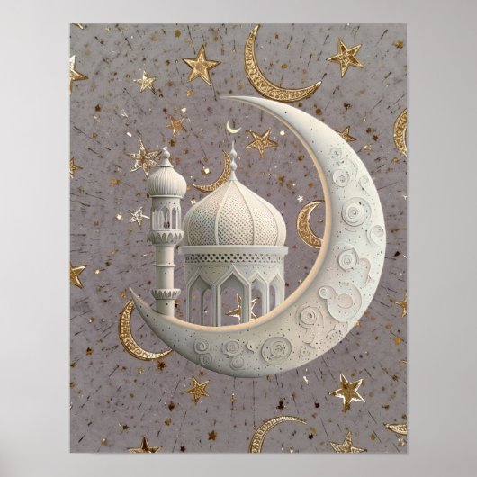 Elegant 3D Witte Halve Maan & Moskee Ramadan Desig Poster (Voorkant)