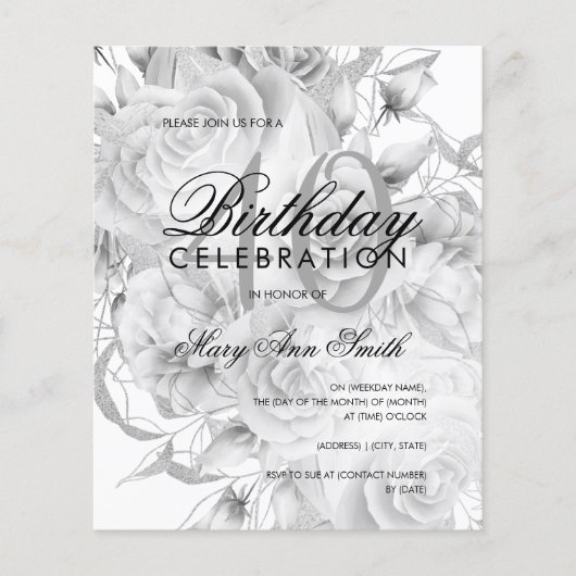 Elegant 40e verjaardag Floral Silver White Invite Flyer (Voorkant)