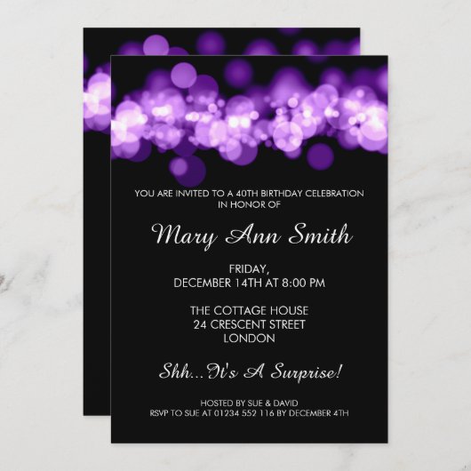 Elegant 40e verjaardag Paarse Bokeh Lichten Kaart (Voorkant / Achterkant)