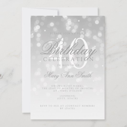 Elegant 40e verjaardag Silver Bokeh Sparkle Lights Kaart (Voorkant)
