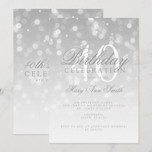 Elegant 40e verjaardag Silver Bokeh Sparkle Lights Kaart (Voorkant / Achterkant)